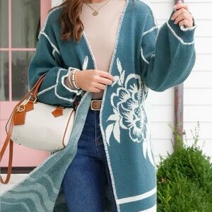 POL Teal and White Floral Cardigan